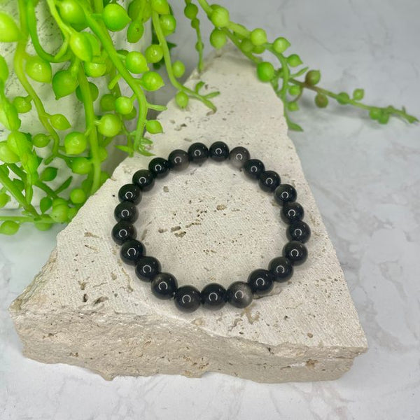 Silver Obsidian Bead Bracelet