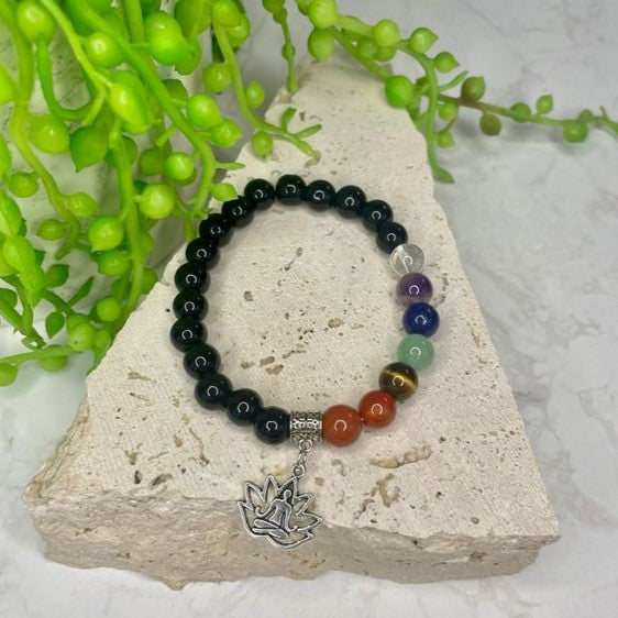 Black Obsidian & Chakra Charm Bead Bracelet